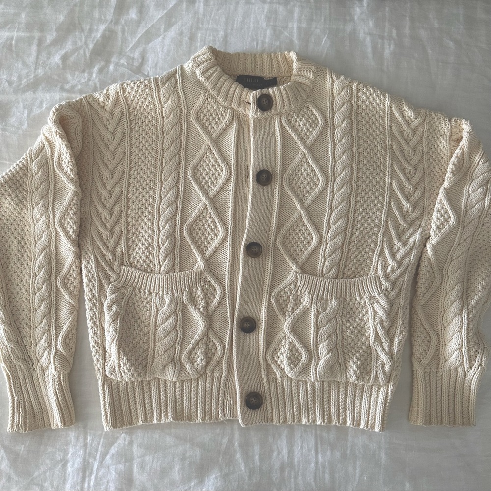 EUC Polo Ralph Lauren Aran Cable Knit Cream Cotton Cardigan | S